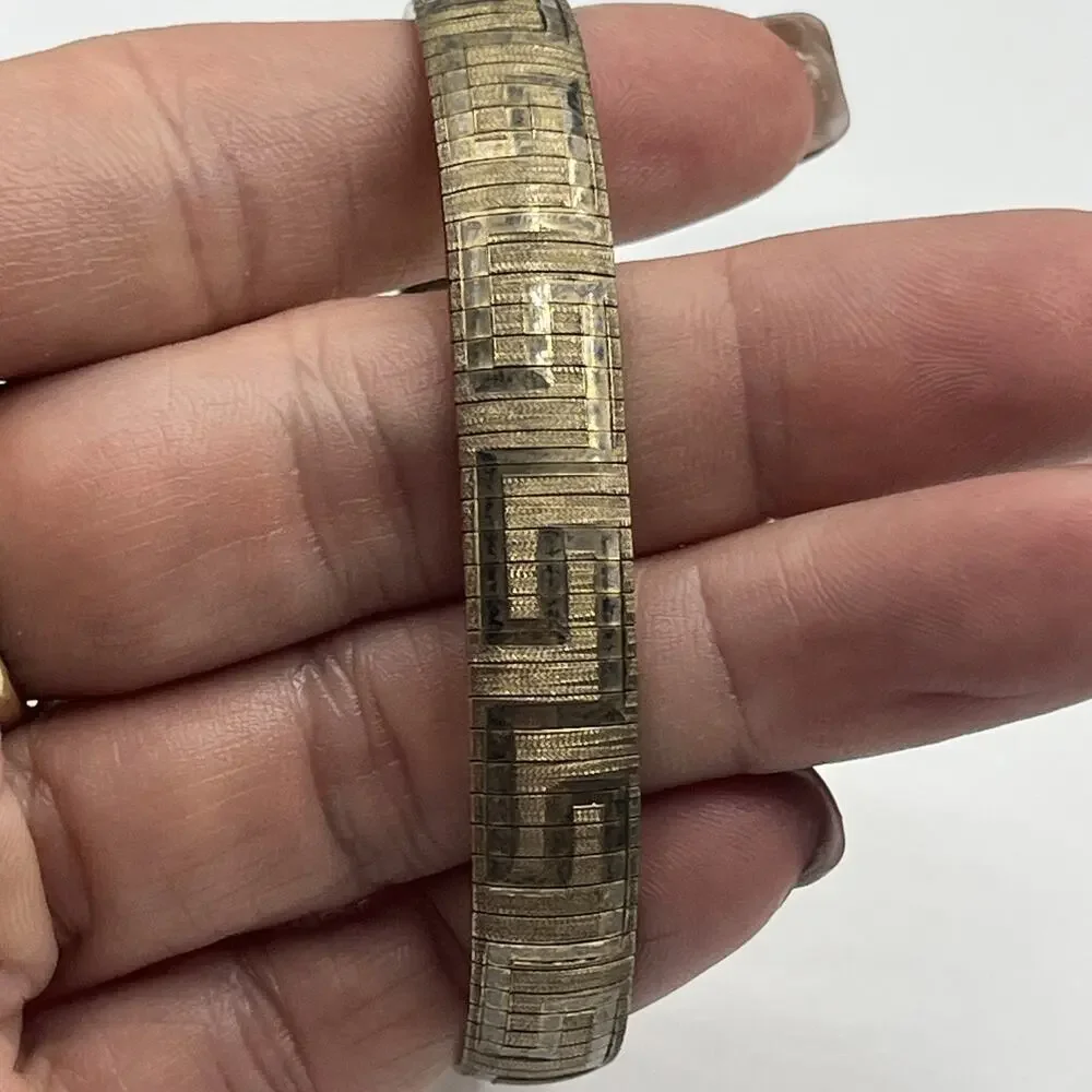 JCM Texture Flexi Sterling Silver 925 Gold Tone Bracelet Greek Key Pattern Vntg